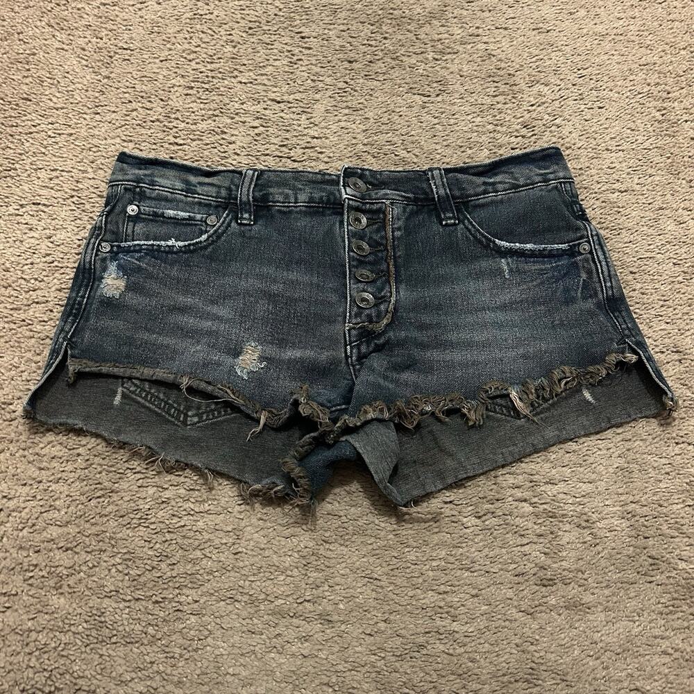 Free People Runaway Jillian Exposed Button Fly Micro Cut Off Jean Shorts Blk 25